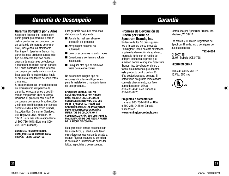 Garantía de desempeño, Garantía | Remington Men's Shaver User Manual | Page 12 / 19