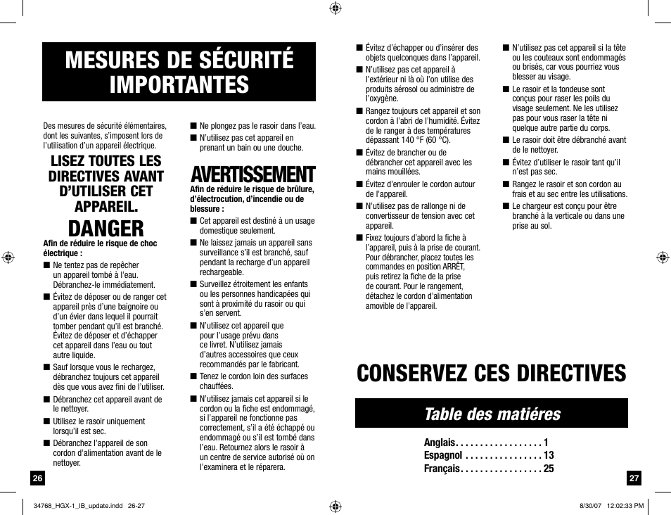 Conservez ces directives, Mesures de sécurité importantes, Danger | Avertissement, Table des matiéres | Remington Men's Shaver User Manual | Page 14 / 19