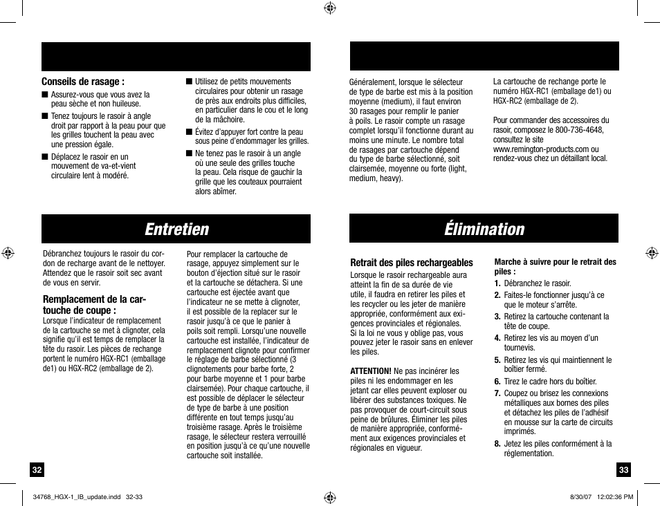 Entretien, Élimination | Remington Men's Shaver User Manual | Page 17 / 19