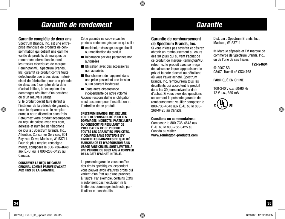 Garantie de rendement, Garantie | Remington Men's Shaver User Manual | Page 18 / 19