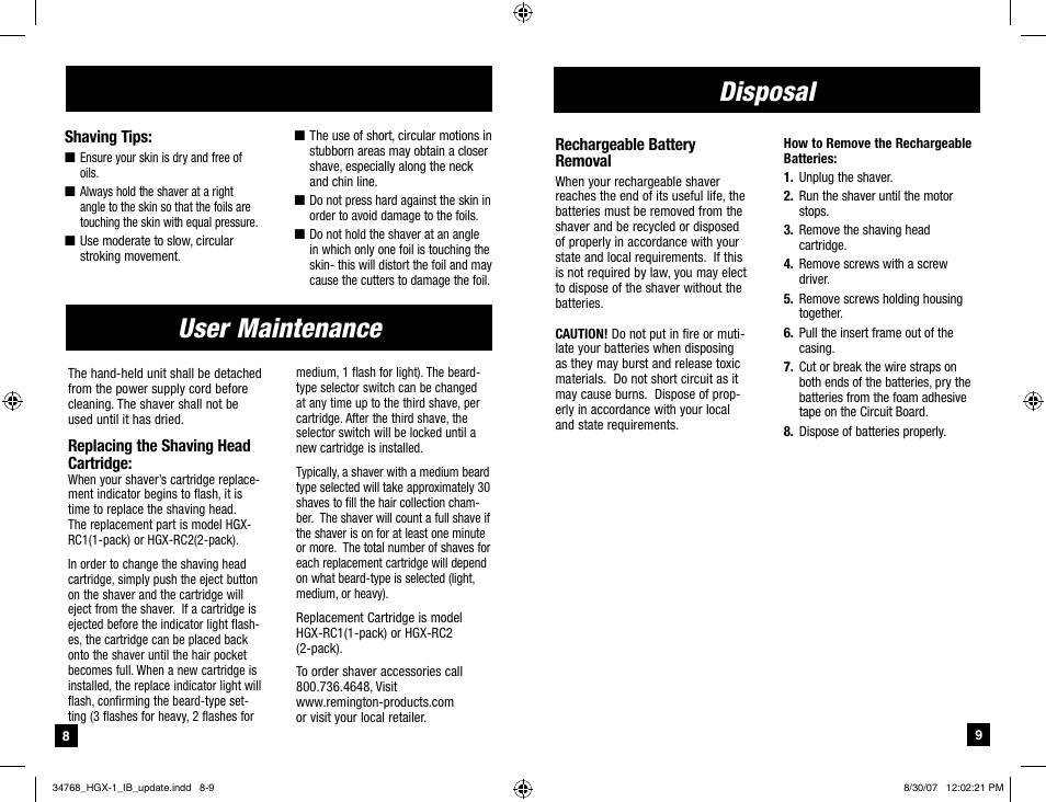 User maintenance, Disposal | Remington Men's Shaver User Manual | Page 5 / 19
