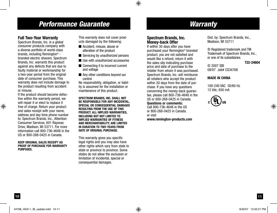 Performance guarantee, Warranty | Remington Men's Shaver User Manual | Page 6 / 19