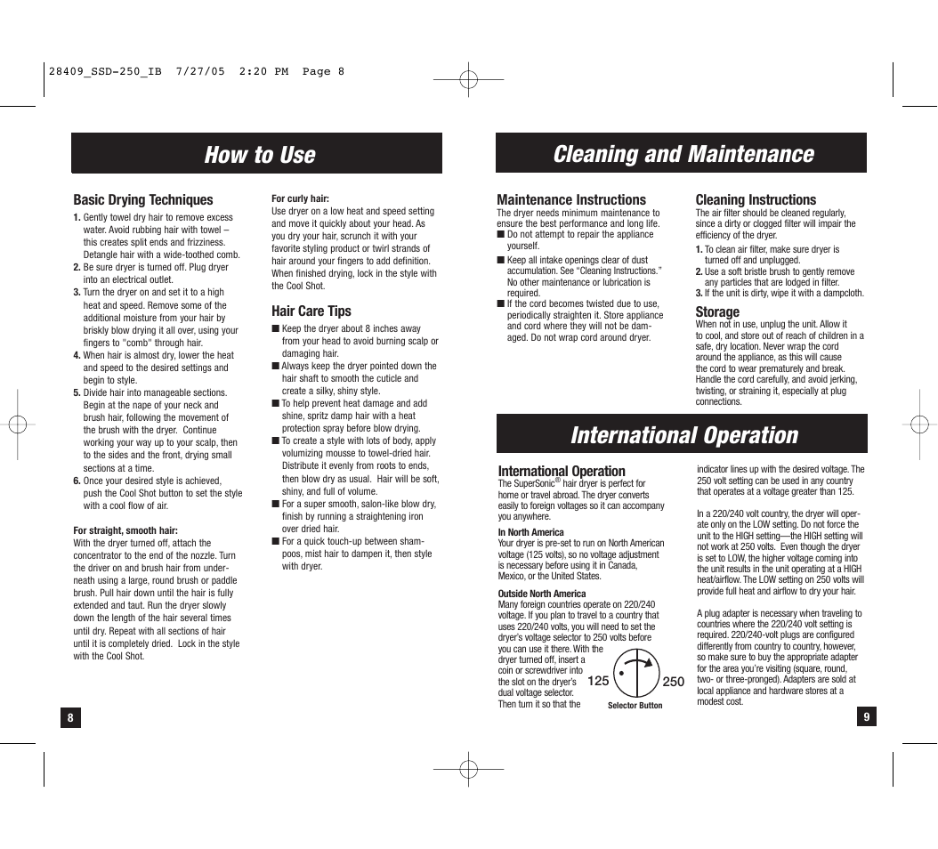 How to use, Cleaning and maintenance international operation, Basic drying techniques | Hair care tips, Maintenance instructions, Cleaning instructions, Storage, International operation | Remington SSD-250 User Manual | Page 5 / 7