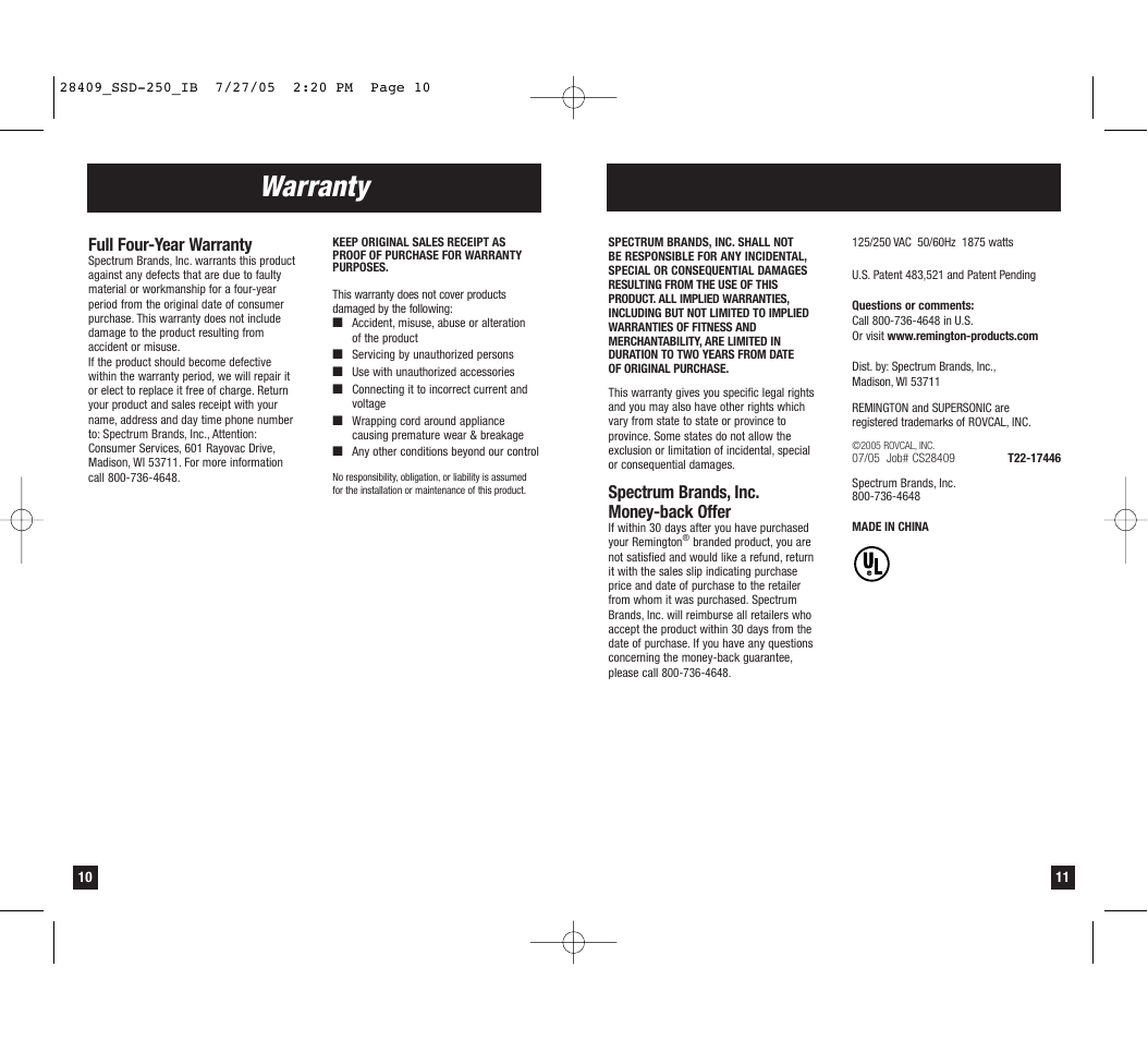 Warranty, Spectrum brands, inc. money-back offer, Full four-year warranty | Remington SSD-250 User Manual | Page 6 / 7