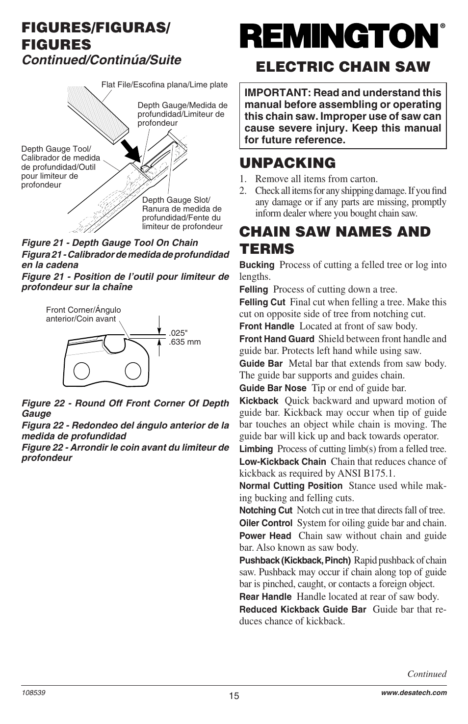 Figures/figuras/ figures, Unpacking, Chain saw names and terms | Electric chain saw, Continued/continúa/suite | Remington LNT-2 User Manual | Page 15 / 52