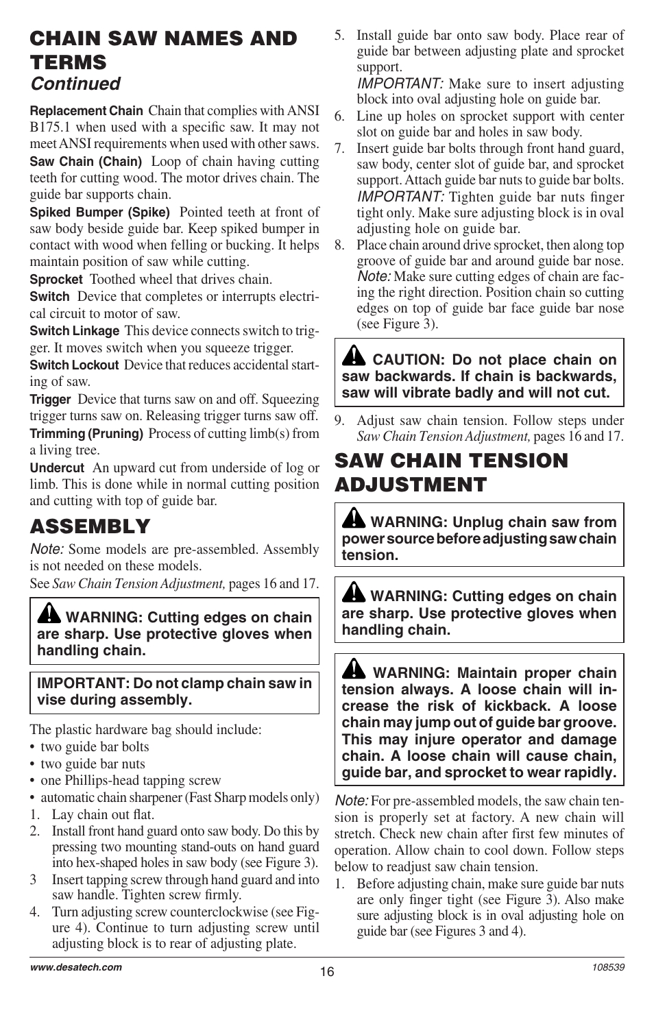 Assembly, Chain saw names and terms, Saw chain tension adjustment | Continued | Remington LNT-2 User Manual | Page 16 / 52