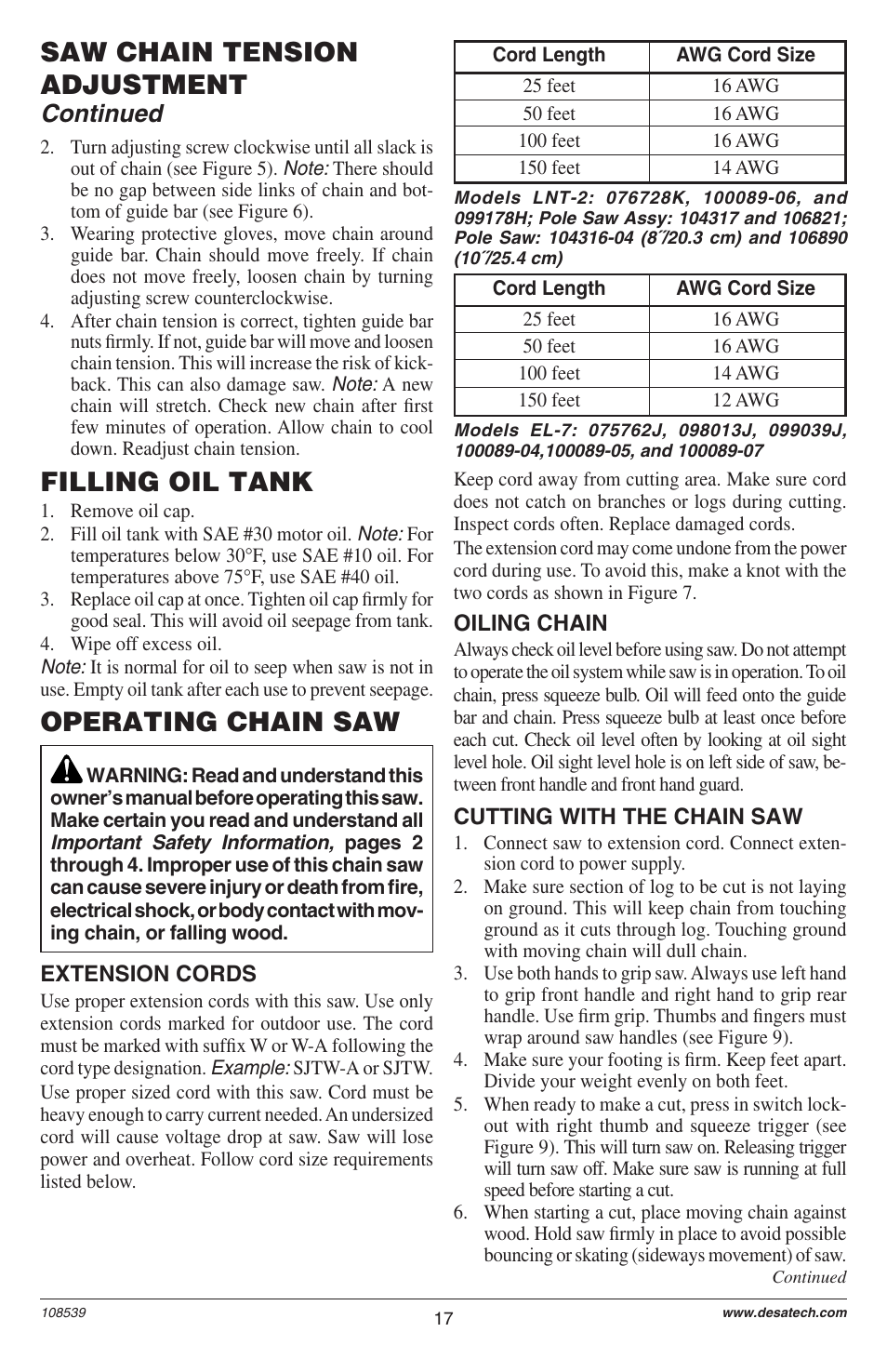 Saw chain tension adjustment, Filling oil tank, Operating chain saw | Continued | Remington LNT-2 User Manual | Page 17 / 52