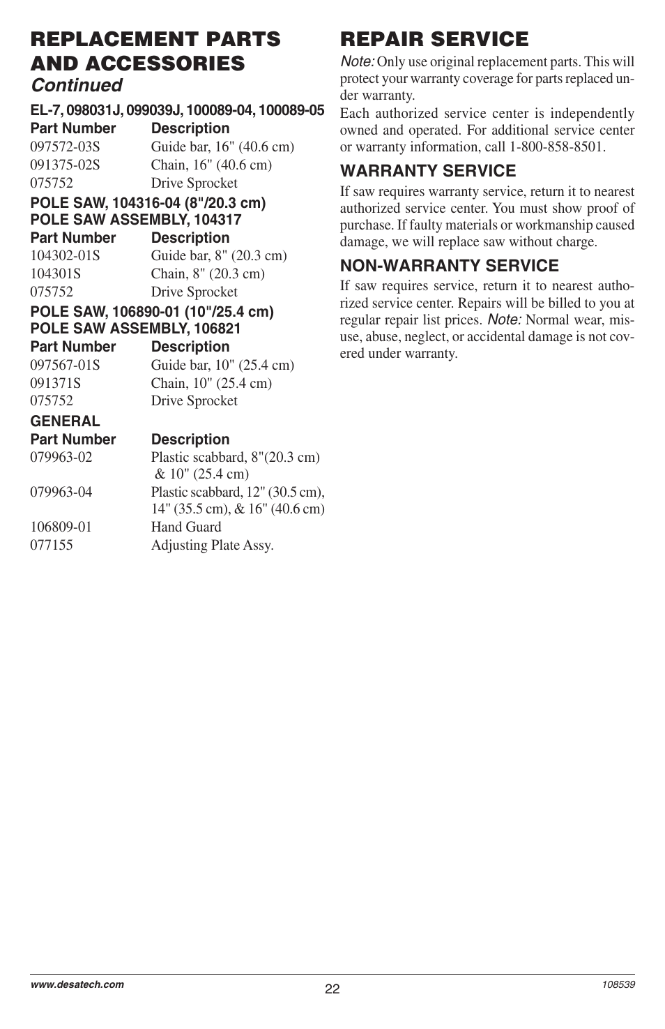 Repair service, Replacement parts and accessories, Continued | Remington LNT-2 User Manual | Page 22 / 52