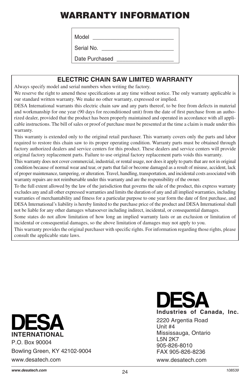Warranty information | Remington LNT-2 User Manual | Page 24 / 52