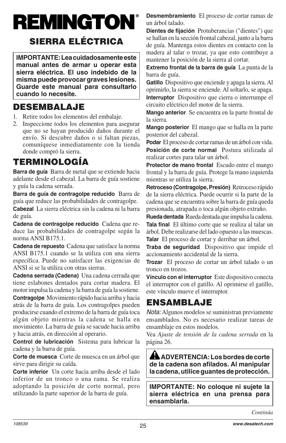 Sierra eléctrica terminología, Desembalaje, Ensamblaje | Remington LNT-2 User Manual | Page 25 / 52