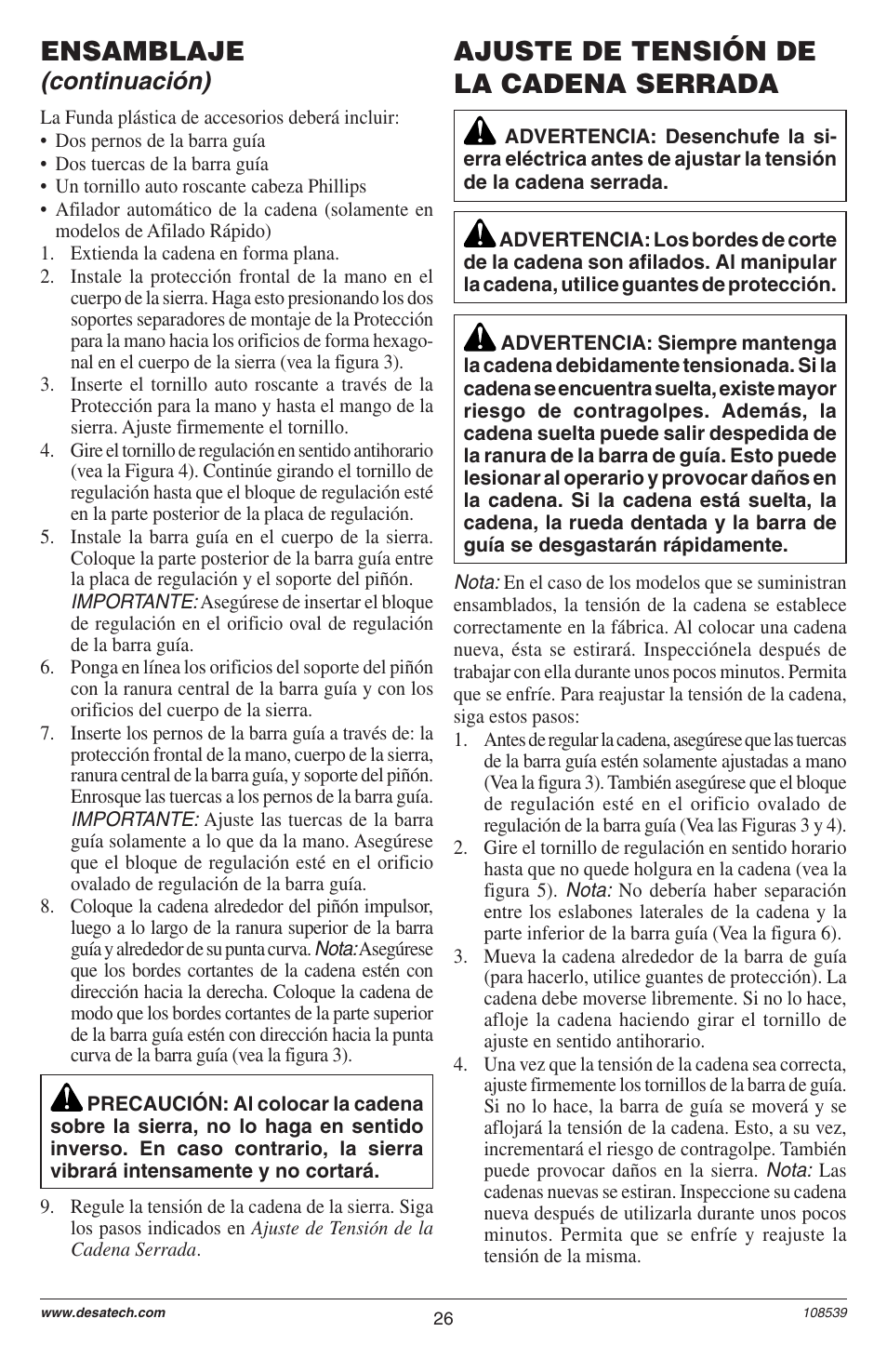 Ensamblaje, Ajuste de tensión de la cadena serrada, Continuación) | Remington LNT-2 User Manual | Page 26 / 52