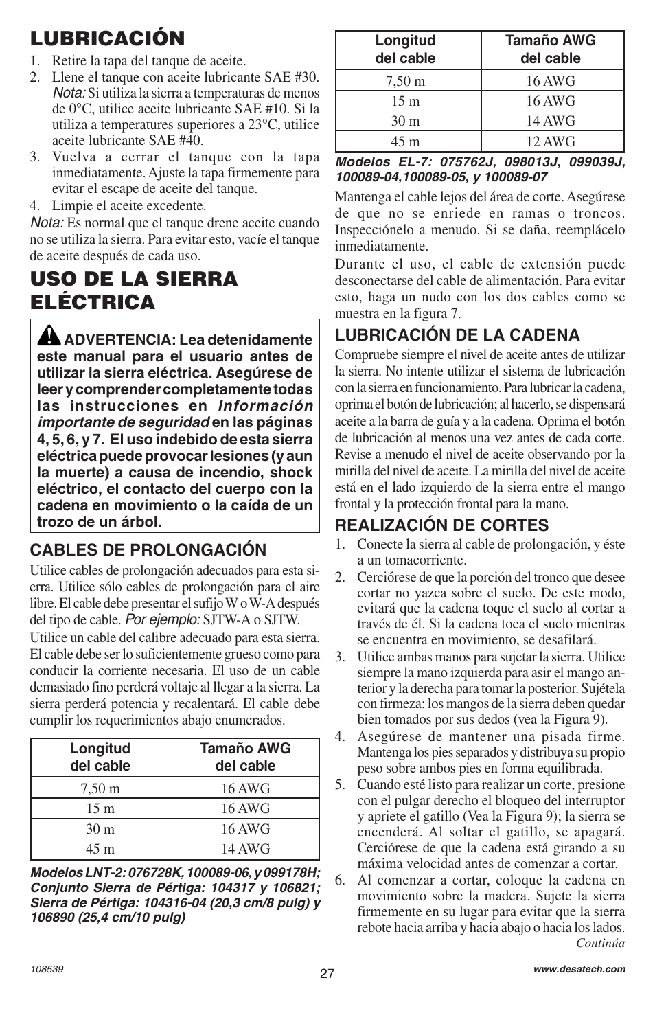 Lubricación, Uso de la sierra eléctrica | Remington LNT-2 User Manual | Page 27 / 52