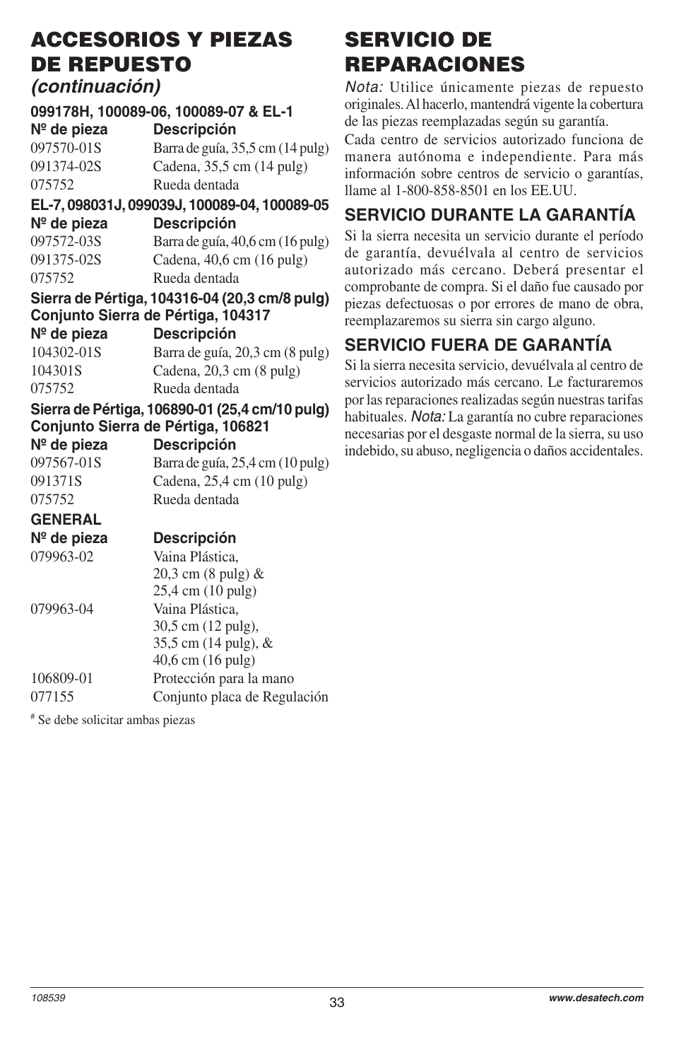 Servicio de reparaciones, Accesorios y piezas de repuesto, Continuación) | Remington LNT-2 User Manual | Page 33 / 52