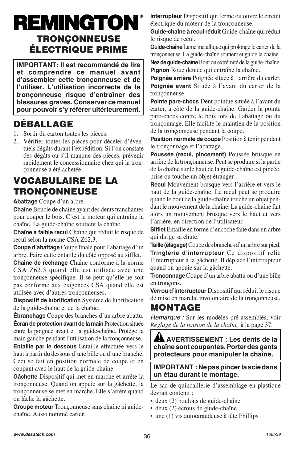Déballage, Vocabulaire de la tronçonneuse, Tronçonneuse électrique prime | Montage | Remington LNT-2 User Manual | Page 36 / 52