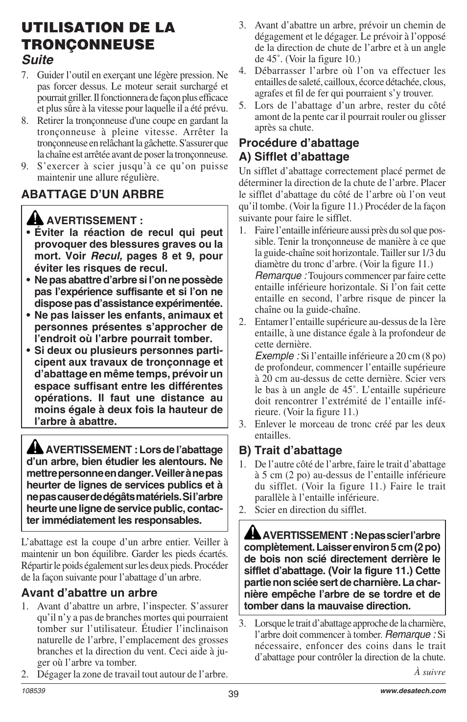 Utilisation de la tronçonneuse, Suite | Remington LNT-2 User Manual | Page 39 / 52