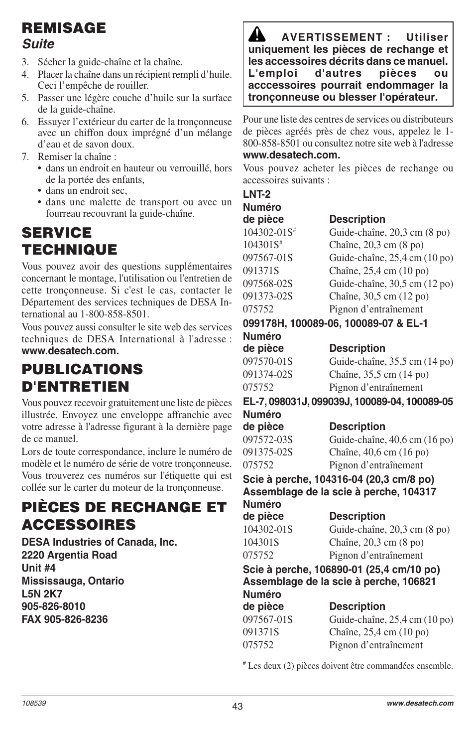 Remisage, Service technique, Publications d'entretien | Pièces de rechange et accessoires, Suite | Remington LNT-2 User Manual | Page 43 / 52