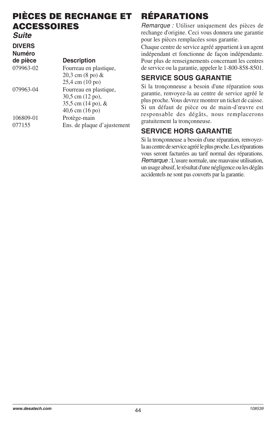 Réparations, Pièces de rechange et accessoires, Suite | Remington LNT-2 User Manual | Page 44 / 52