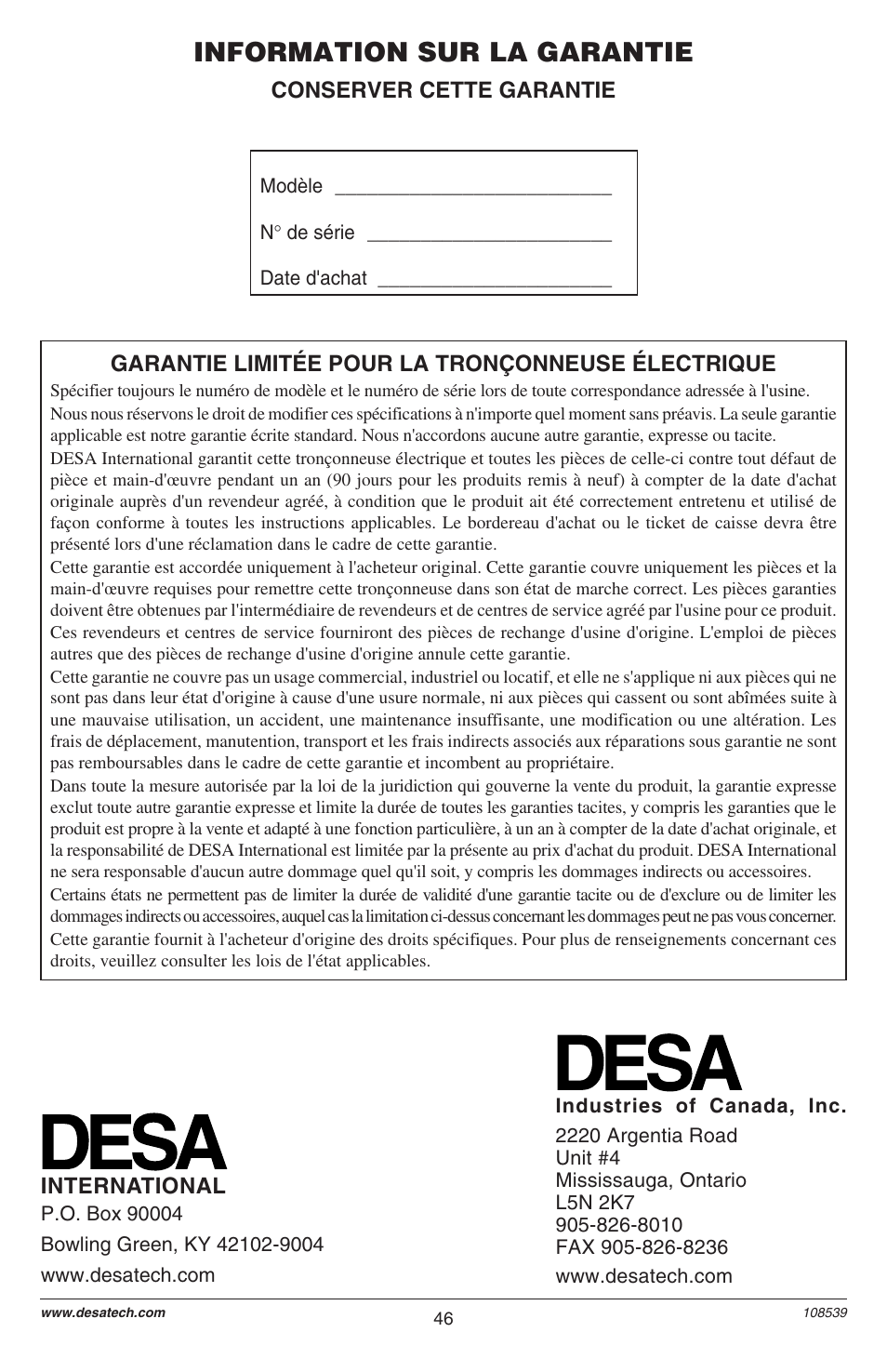 Information sur la garantie | Remington LNT-2 User Manual | Page 46 / 52