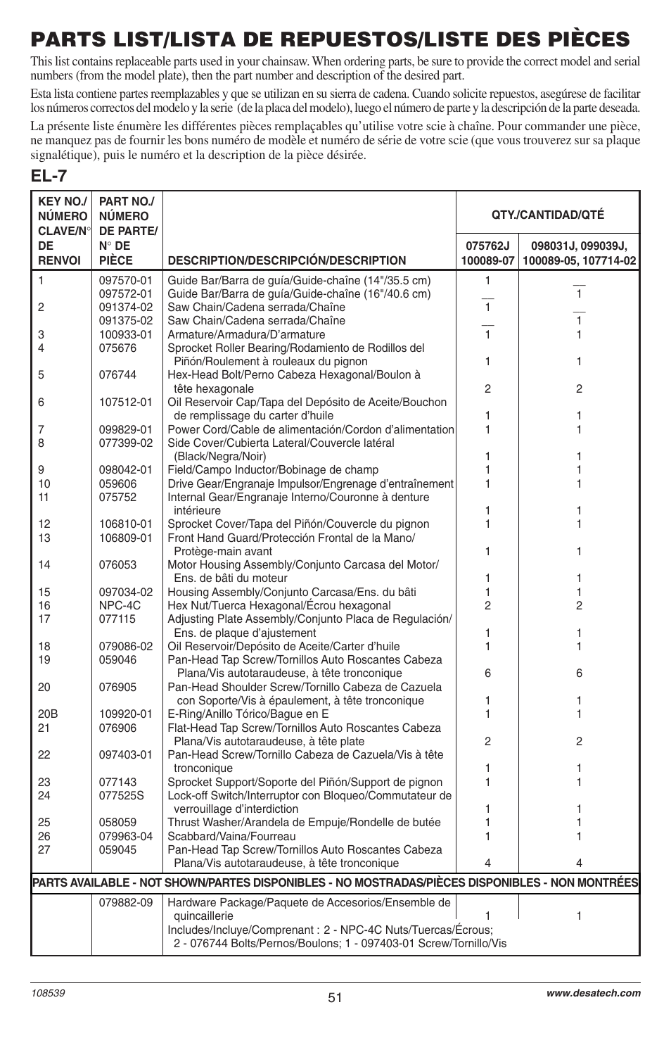 Parts list/lista de repuestos/liste des pièces, El-7 | Remington LNT-2 User Manual | Page 51 / 52