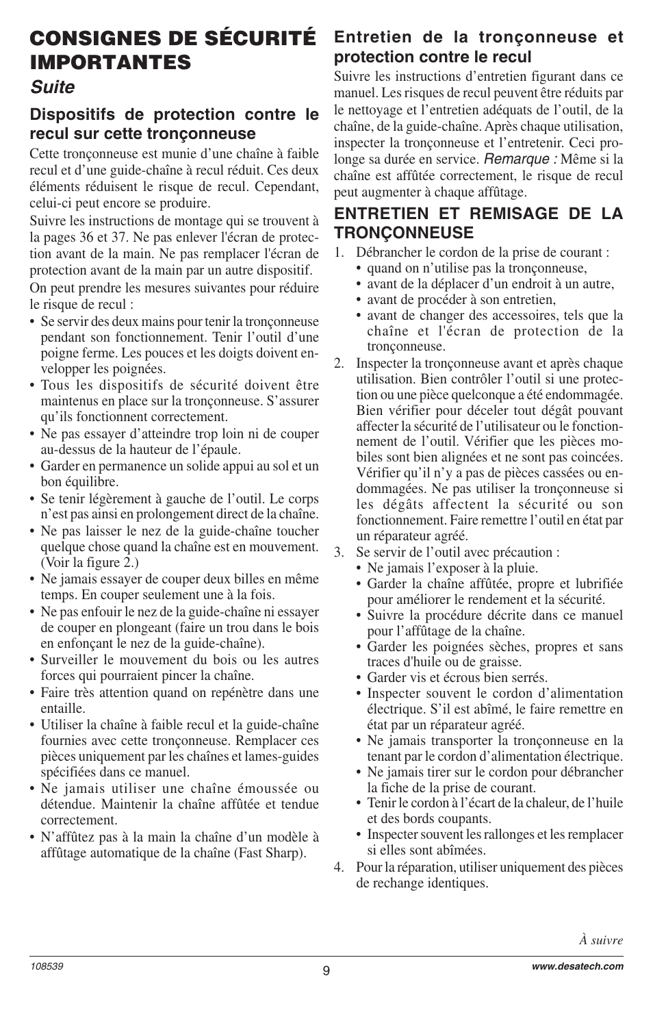 Consignes de sécurité importantes, Suite | Remington LNT-2 User Manual | Page 9 / 52
