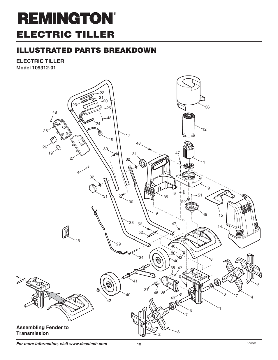 Electric tiller, Illustrated parts breakdown, Assembling fender to transmission | Remington Garden Wizard 109312-01 User Manual | Page 10 / 44