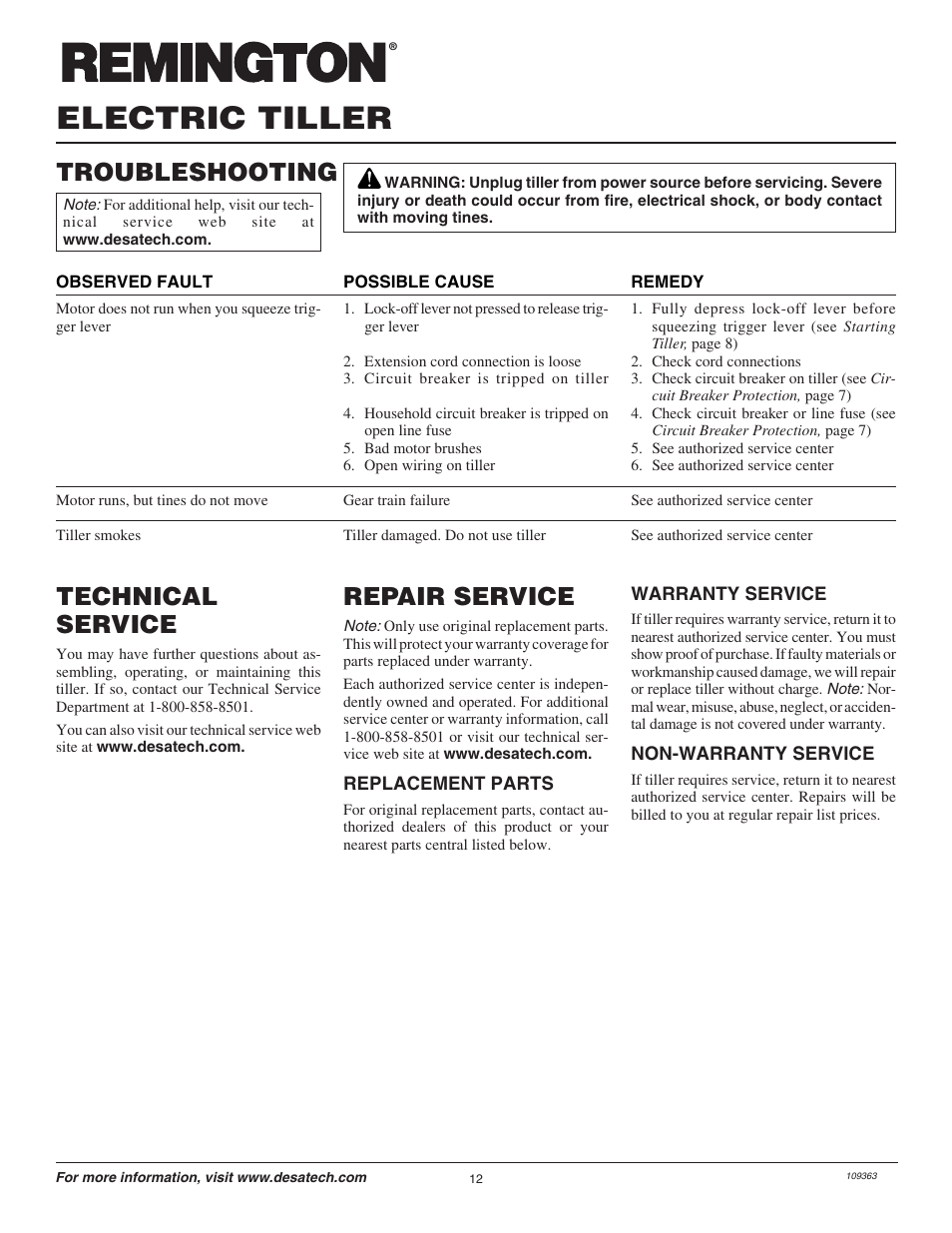 Electric tiller, Repair service, Technical service | Troubleshooting | Remington Garden Wizard 109312-01 User Manual | Page 12 / 44