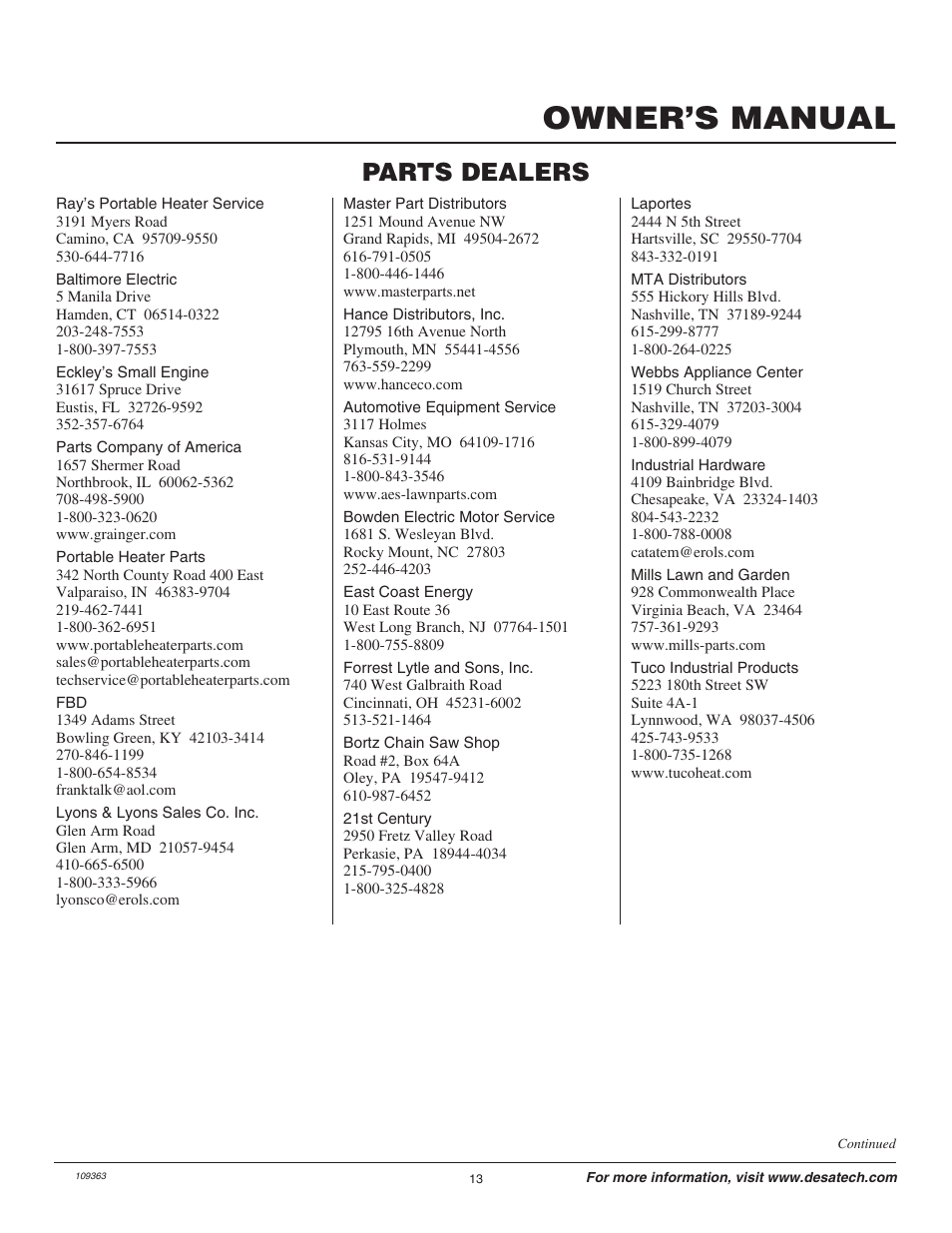 Owner’s manual, Parts dealers | Remington Garden Wizard 109312-01 User Manual | Page 13 / 44