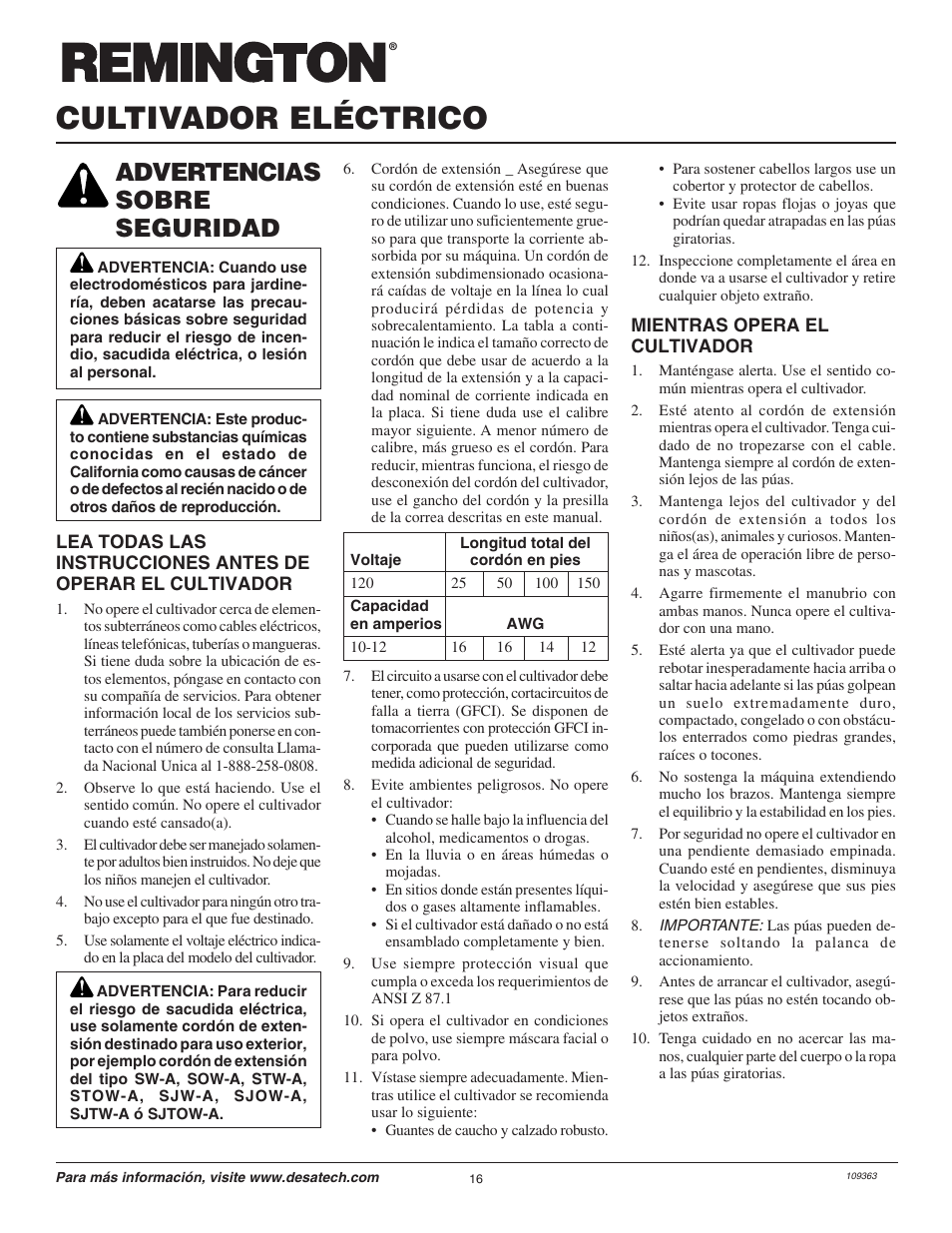 Cultivador eléctrico, Advertencias sobre seguridad | Remington Garden Wizard 109312-01 User Manual | Page 16 / 44