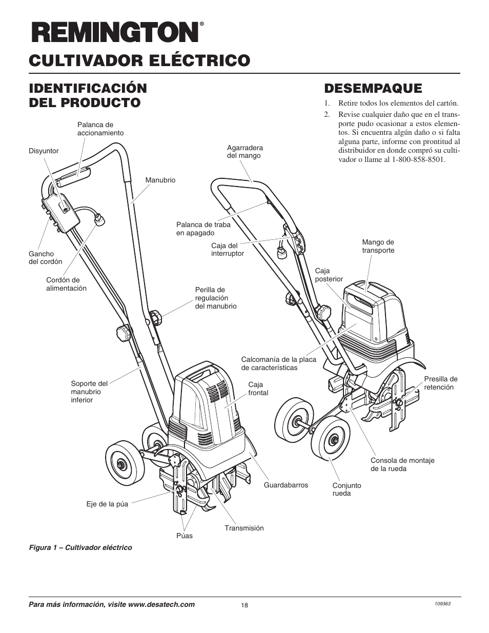 Cultivador eléctrico, Identificación del producto desempaque | Remington Garden Wizard 109312-01 User Manual | Page 18 / 44