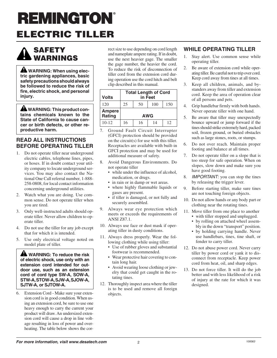 Electric tiller, Safety warnings | Remington Garden Wizard 109312-01 User Manual | Page 2 / 44