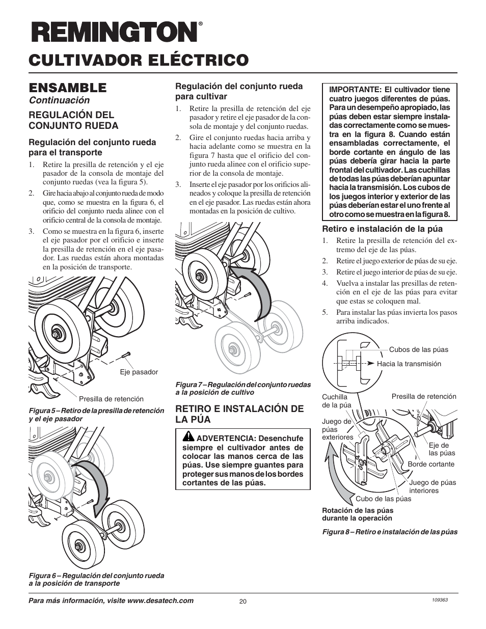 Cultivador eléctrico, Ensamble, Continuación | Remington Garden Wizard 109312-01 User Manual | Page 20 / 44
