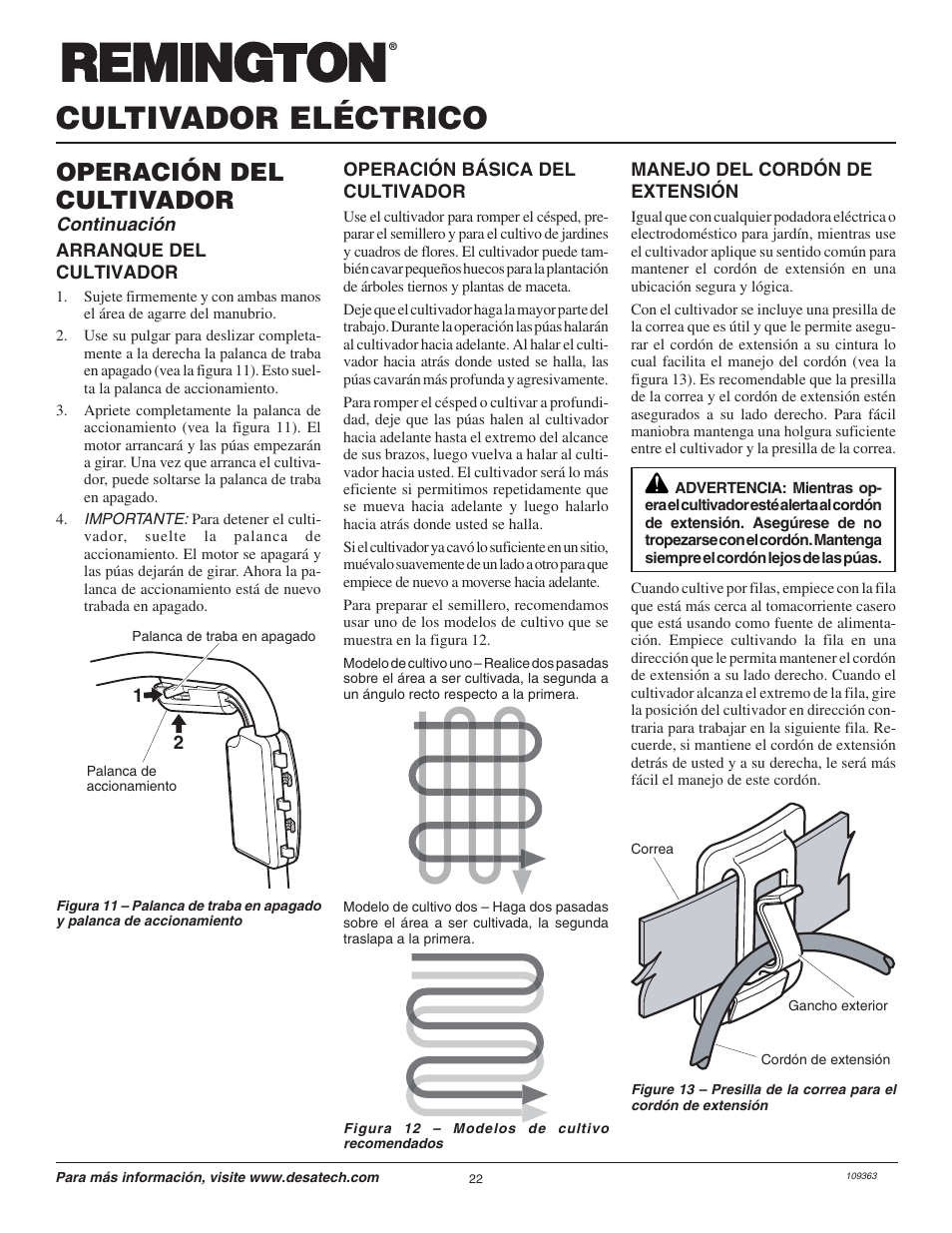 Cultivador eléctrico, Operación del cultivador, Continuación | Remington Garden Wizard 109312-01 User Manual | Page 22 / 44