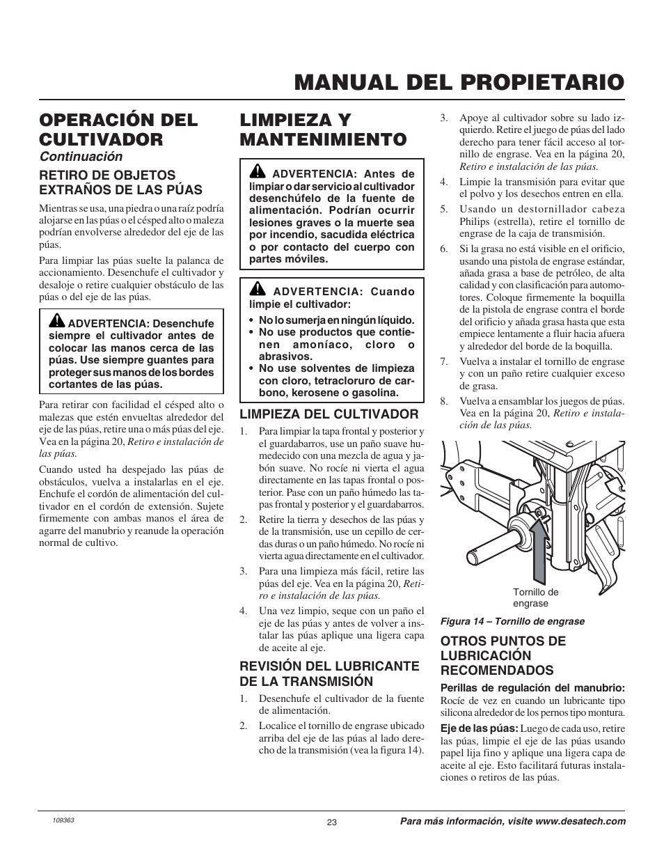 Manual del propietario, Limpieza y mantenimiento, Operación del cultivador | Remington Garden Wizard 109312-01 User Manual | Page 23 / 44