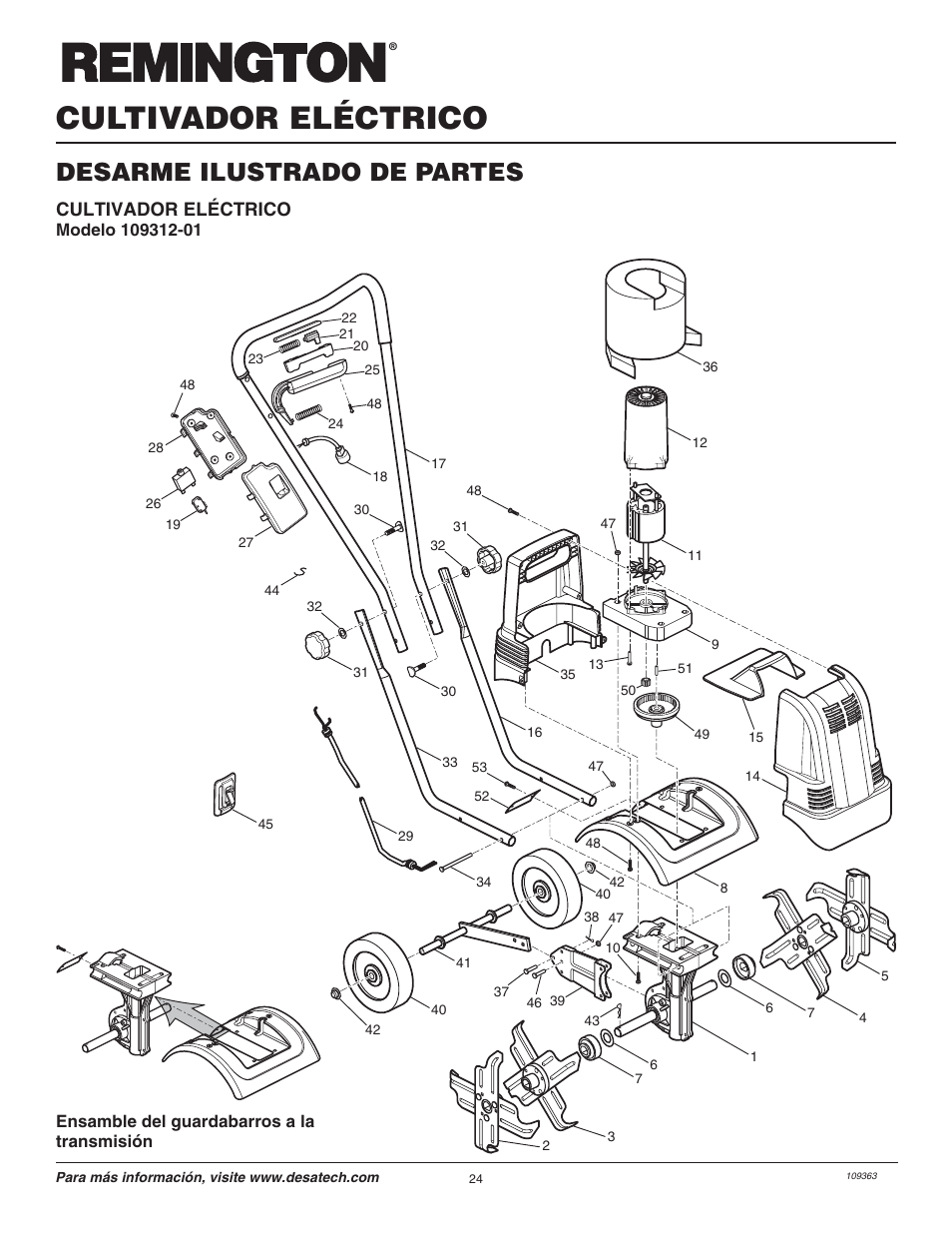 Cultivador eléctrico, Desarme ilustrado de partes, Ensamble del guardabarros a la transmisión | Remington Garden Wizard 109312-01 User Manual | Page 24 / 44