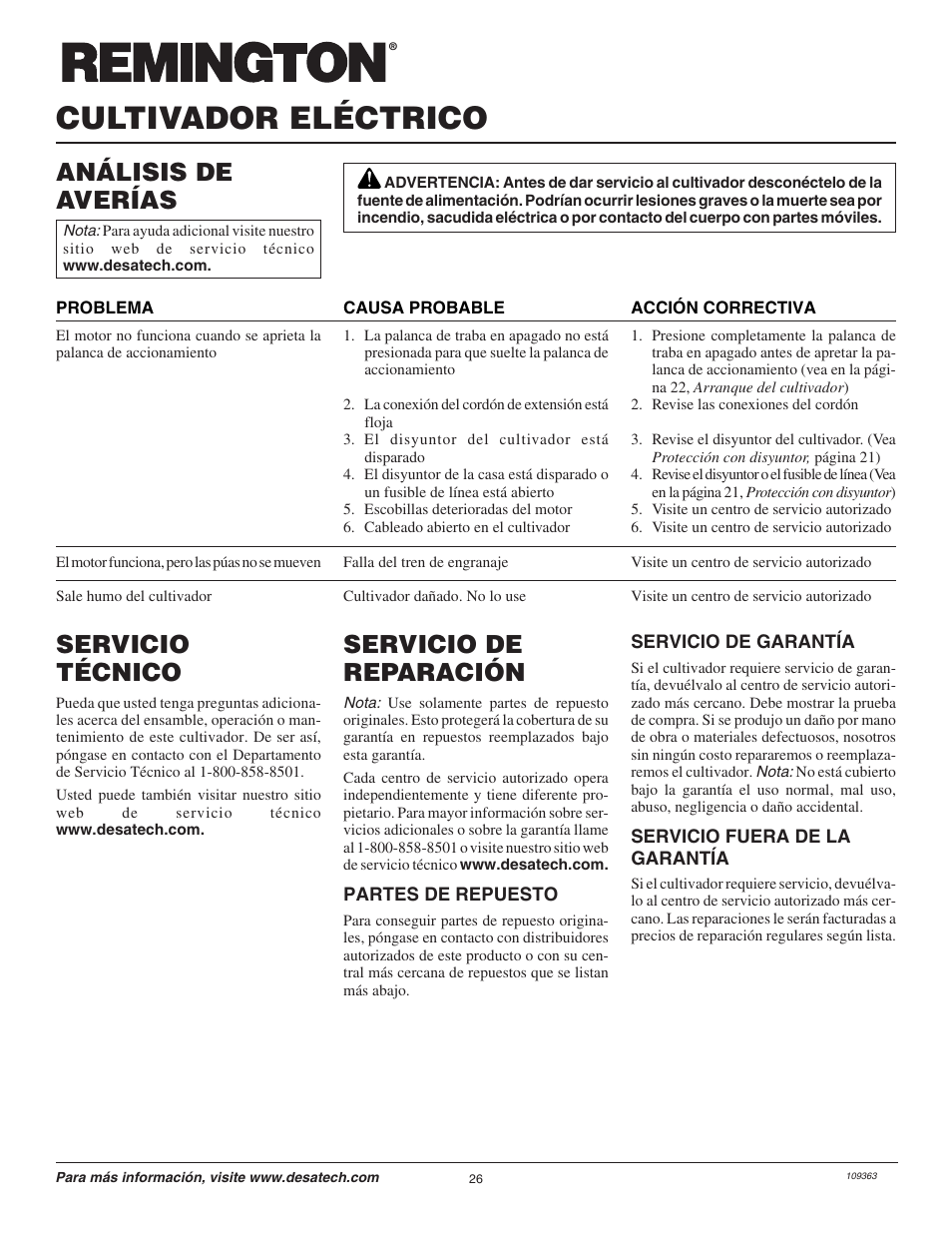 Cultivador eléctrico, Servicio de reparación, Servicio técnico | Análisis de averías | Remington Garden Wizard 109312-01 User Manual | Page 26 / 44