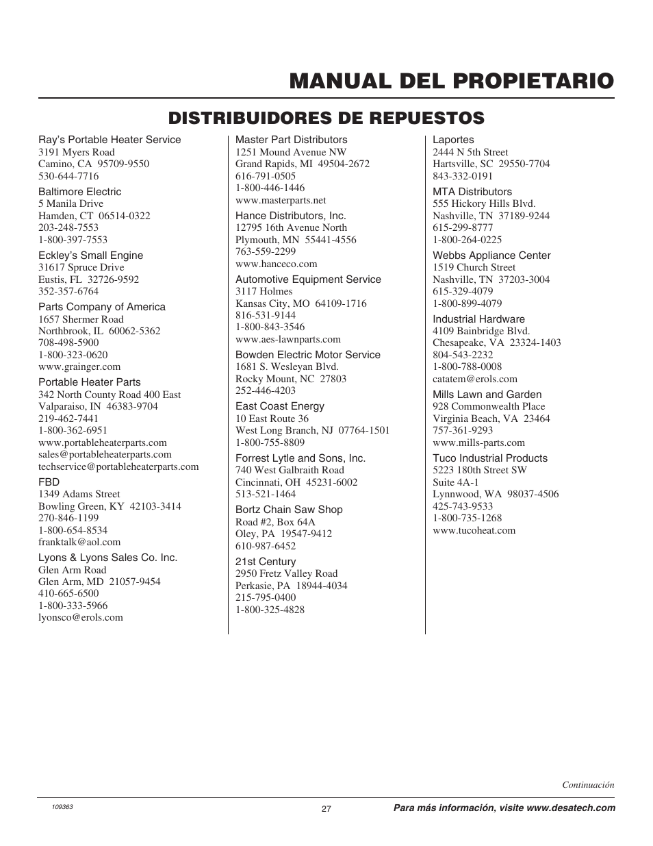Manual del propietario, Distribuidores de repuestos | Remington Garden Wizard 109312-01 User Manual | Page 27 / 44