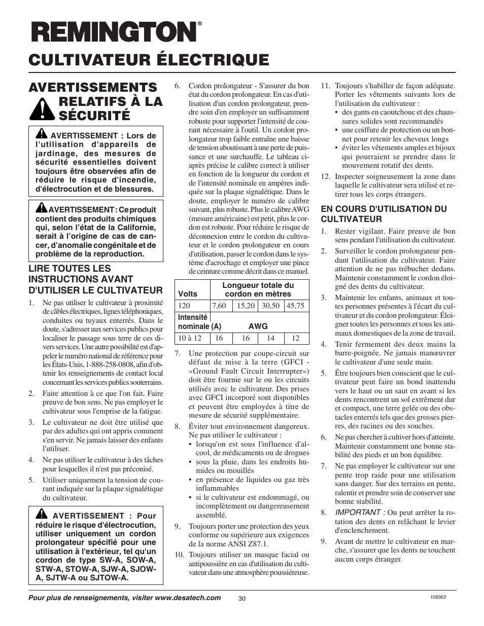 Cultivateur électrique, Avertissements relatifs à la sécurité | Remington Garden Wizard 109312-01 User Manual | Page 30 / 44