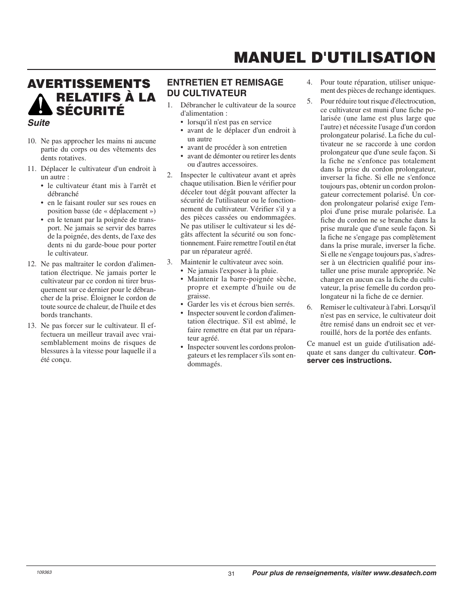 Manuel d'utilisation, Avertissements relatifs à la sécurité | Remington Garden Wizard 109312-01 User Manual | Page 31 / 44