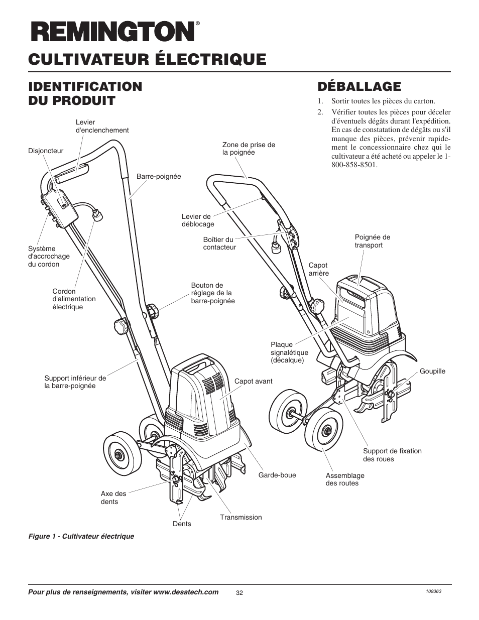 Cultivateur électrique, Identification du produit déballage | Remington Garden Wizard 109312-01 User Manual | Page 32 / 44