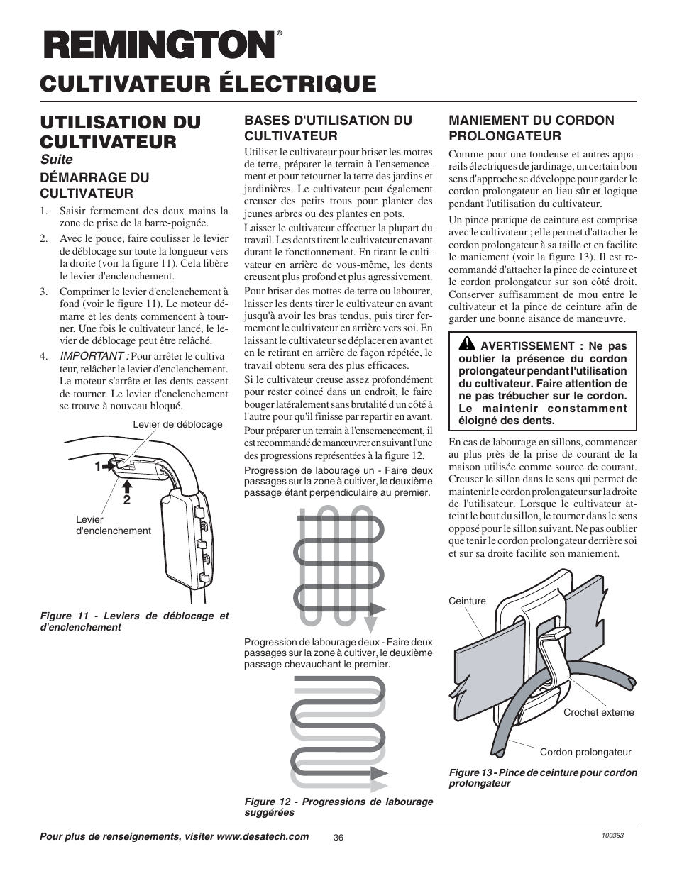 Cultivateur électrique, Utilisation du cultivateur, Suite | Remington Garden Wizard 109312-01 User Manual | Page 36 / 44