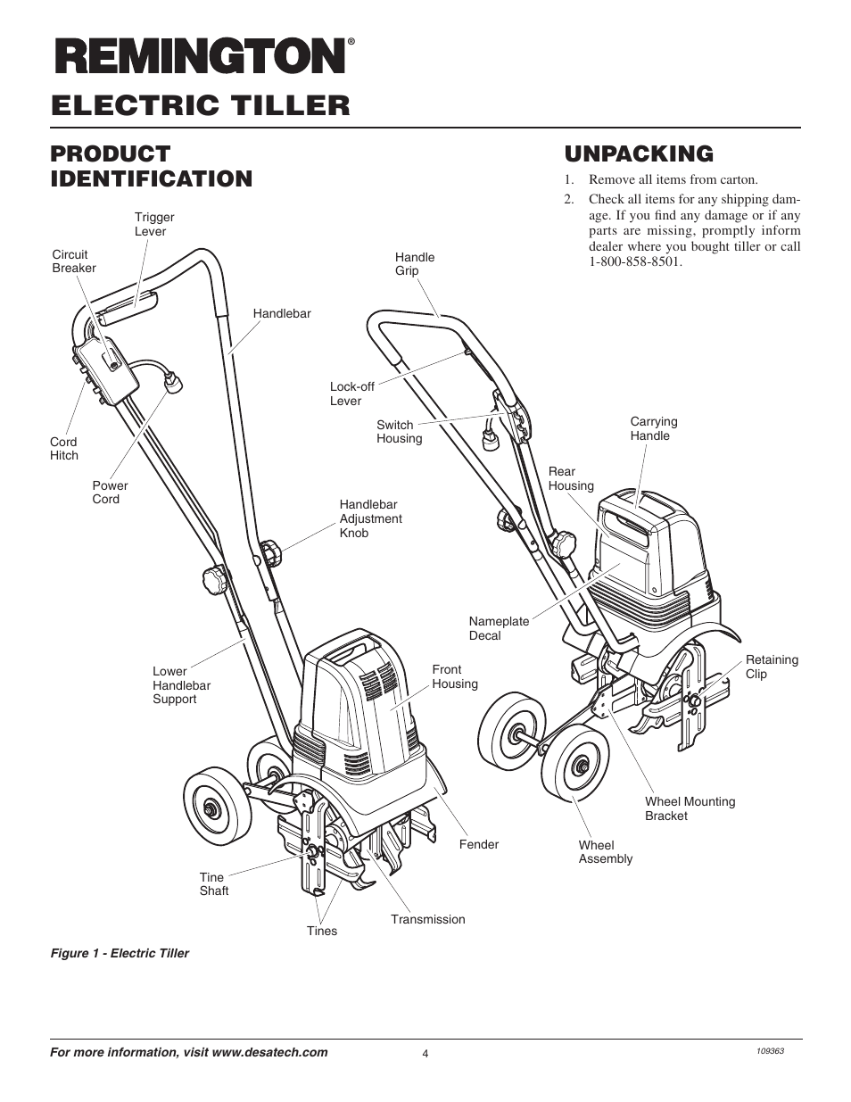 Electric tiller, Product identification unpacking | Remington Garden Wizard 109312-01 User Manual | Page 4 / 44