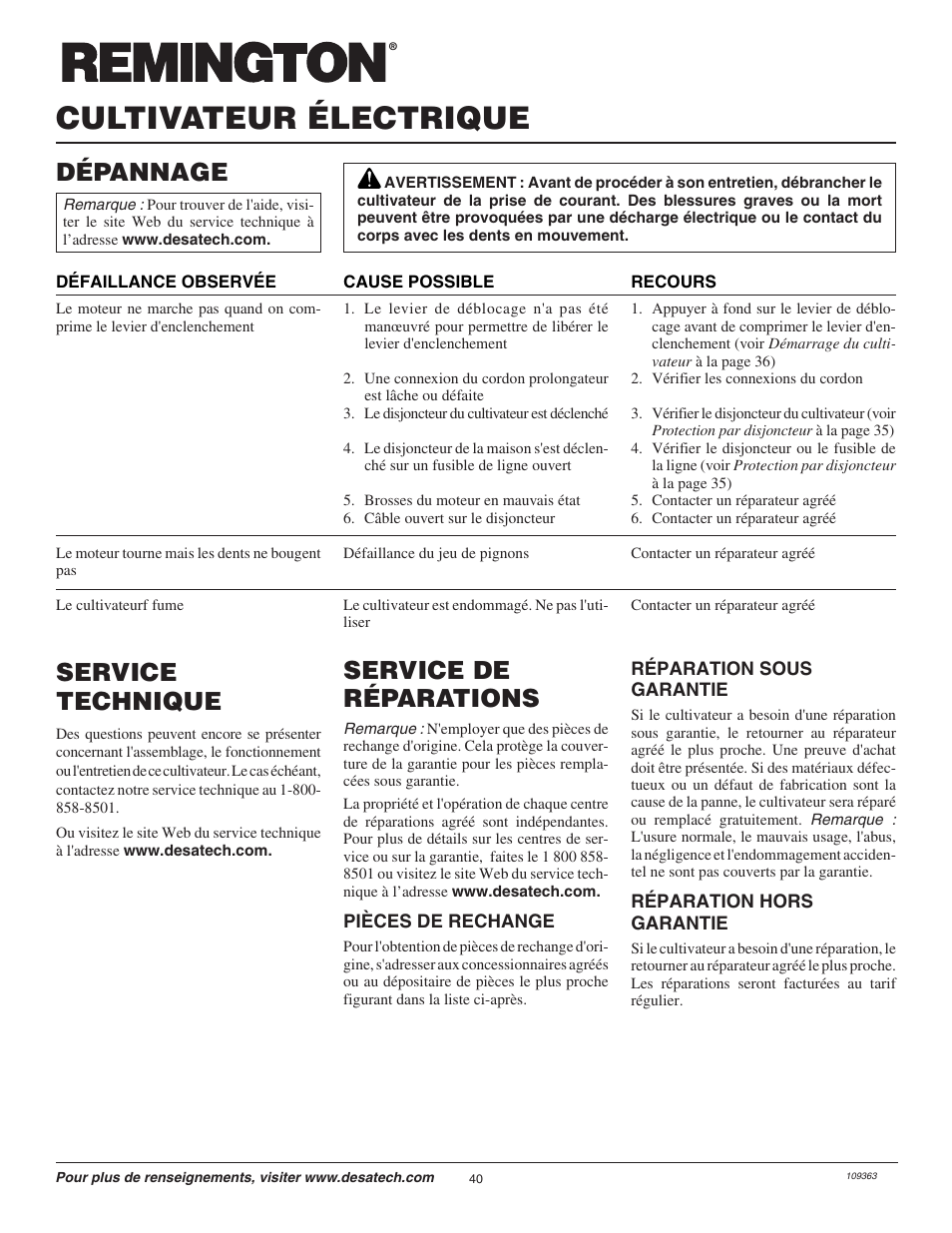 Cultivateur électrique, Service de réparations, Service technique | Dépannage | Remington Garden Wizard 109312-01 User Manual | Page 40 / 44