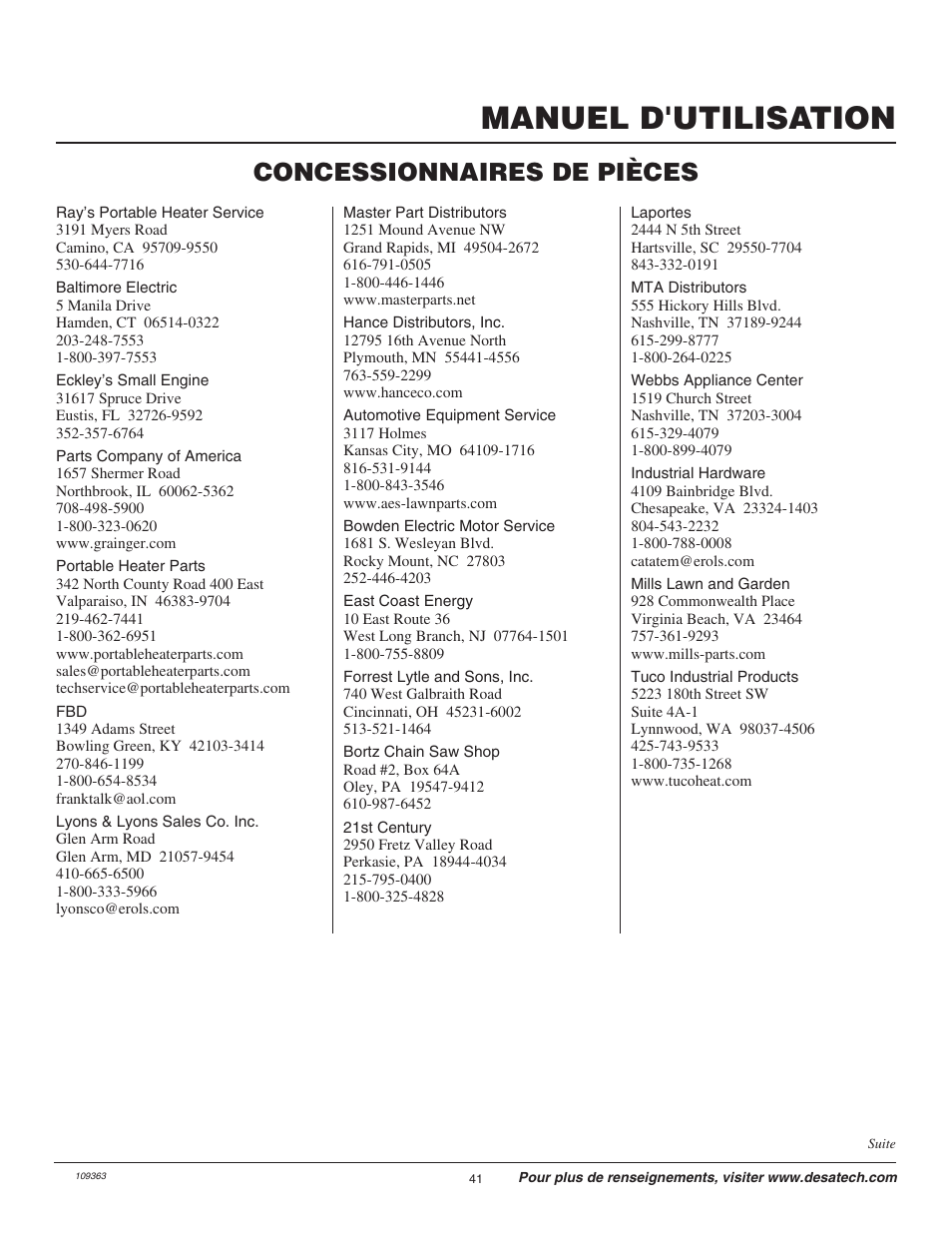 Manuel d'utilisation, Concessionnaires de pièces | Remington Garden Wizard 109312-01 User Manual | Page 41 / 44