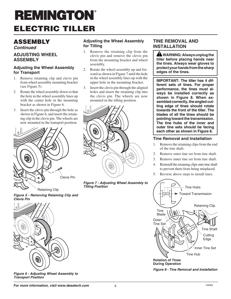 Electric tiller, Assembly, Continued | Remington Garden Wizard 109312-01 User Manual | Page 6 / 44