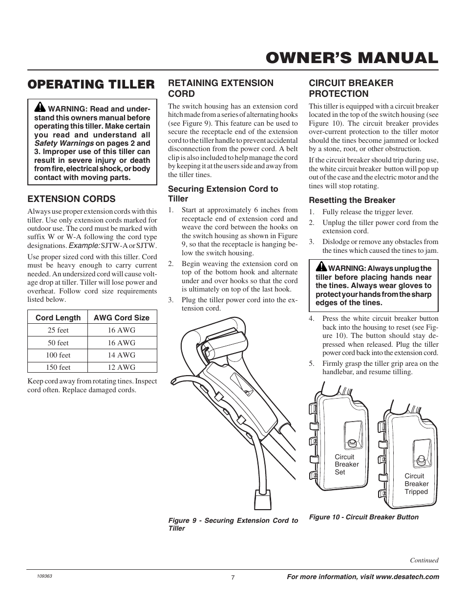 Owner’s manual, Operating tiller | Remington Garden Wizard 109312-01 User Manual | Page 7 / 44