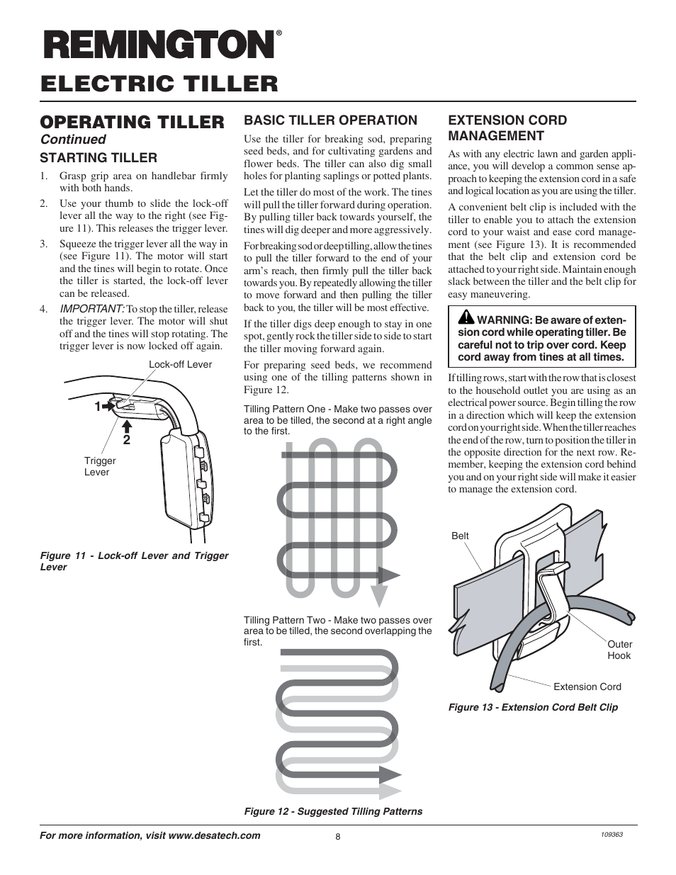 Electric tiller, Operating tiller, Continued | Remington Garden Wizard 109312-01 User Manual | Page 8 / 44