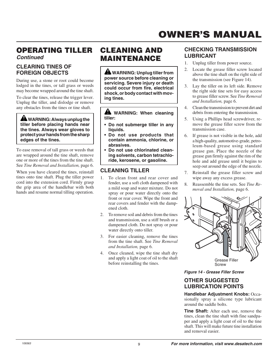 Owner’s manual, Cleaning and maintenance, Operating tiller | Remington Garden Wizard 109312-01 User Manual | Page 9 / 44