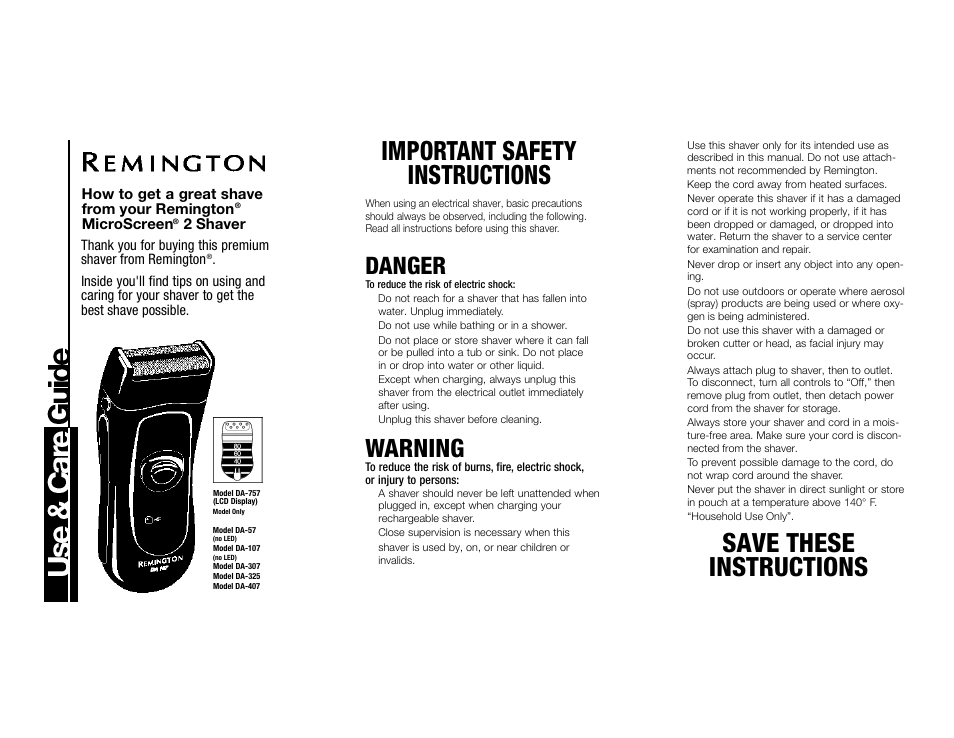 Remington DA-407 User Manual | 4 pages