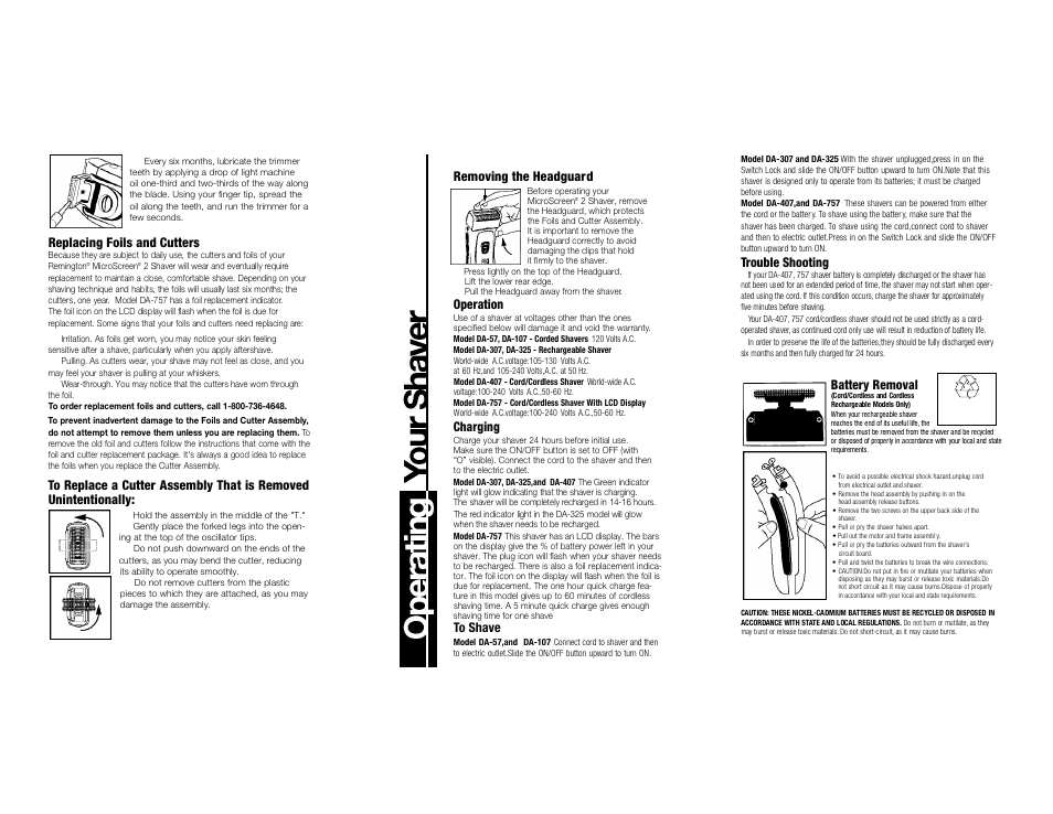 Replacing foils and cutters, Removing the headguard, Operation | Charging, Trouble shooting, Battery removal | Remington DA-407 User Manual | Page 3 / 4