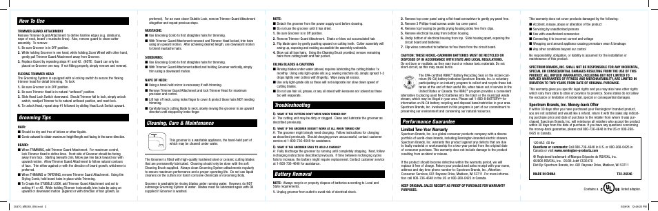 How to use, Grooming tips, Cleaning, care & maintenance | Troubleshooting performance guarantee, Battery removal | Remington MB-350 User Manual | Page 2 / 2
